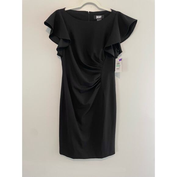 NWT $100 DKNY Size 8 Black Dress Knee Length Flutter Sleeves Front Gather - Picture 1 of 7